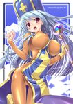  alto_seneka blue_hair bodysuit breasts breasts_outside cameltoe covered_nipples dragon_quest dragon_quest_iii gloves hat highres large_breasts latex latex_gloves long_hair mitre orange_bodysuit priest_(dq3) red_eyes shiny shiny_clothes skin_tight solo tabard tight 