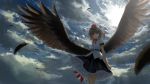  1girl belt bird_wings black_hair black_legwear black_skirt collared_shirt feathers frilled_skirt frills hat highres pom_pom_(clothes) red_eyes shameimaru_aya shirt skirt sky suna_(s73d) tokin_hat touhou white_shirt wings 