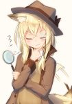  1girl :3 afterimage animal_ear_fluff animal_ears bangs black_bow blonde_hair blush bow brown_background brown_headwear brown_jacket brown_vest closed_eyes closed_mouth collared_shirt coreytaiyo dated eyebrows_visible_through_hair facing_viewer hair_between_eyes hat hat_bow highres holding jacket long_hair long_sleeves magnifying_glass monocle necktie open_clothes open_jacket original red_neckwear shirt signature simple_background solo tail tail_wagging translation_request v-shaped_eyebrows vest white_shirt 