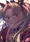  1girl bangs blonde_hair blush cape detached_collar earrings ereshkigal_(fate/grand_order) face fate/grand_order fate_(series) hair_ribbon infinity jewelry long_hair red_eyes ribbon satsuki_neko solo tiara two_side_up 