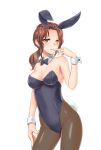  animal_ears black_legwear black_leotard black_neckwear bow bowtie breasts bunny_ears bunny_girl bunny_tail bunnysuit character_request cleavage commentary_request contrapposto cowboy_shot detached_collar genderswap genderswap_(mtf) leotard looking_at_viewer medium_breasts pantyhose sennen_sensou_aigis simple_background strapless strapless_leotard tail white_background wrist_cuffs yamakou_(pixiv16324) 