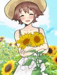  1girl absurdres alternate_costume blue_sky brown_hair closed_eyes cloud commentary_request cowboy_shot day dokuganryuu dress facing_viewer flipped_hair hiei_(kantai_collection) highres kantai_collection outdoors short_hair sky sleeveless sleeveless_dress smile solo sundress white_dress 