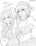  2girls arm_up bare_arms bare_shoulders blush english_text frown greyscale hand_on_headwear hat kantai_collection kashima_(kantai_collection) looking_at_viewer merry_christmas midriff monochrome multiple_girls older re-class_battleship santa_bikini santa_costume santa_hat scarf short_hair signature simple_background sketch smile twintails v wangphing white_background 