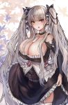  1girl absurdres azur_lane bare_shoulders between_breasts black_dress blush breasts cleavage dress eyebrows_visible_through_hair formidable_(azur_lane) frilled_dress frills grey_hair hair_ribbon highres jewelry large_breasts lifted_by_self long_hair long_sleeves looking_at_viewer open_mouth red_eyes ribbon solo twintails two-tone_dress two-tone_ribbon very_long_hair white_legwear yamatori 