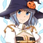  1girl arch_bishop_(ragnarok_online) aura bangs black_dress blue_eyes blue_hair breasts cleavage cleavage_cutout closed_mouth clothing_cutout commentary_request cross dress eyebrows_visible_through_hair hat jack-o&#039;-lantern_hat_ornament juliet_sleeves long_sleeves looking_at_viewer medium_breasts natsuya_(kuttuki) puffy_sleeves purple_headwear ragnarok_online short_hair simple_background smile solo two-tone_dress upper_body white_background white_dress witch_hat 