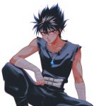  1boy arm_on_knee bandaged_arm bandages bangs belt black_hair black_pants black_shirt classic-tea closed_mouth collarbone expressionless feet_out_of_frame glowing headband hiei_(yuu_yuu_hakusho) jewelry knee_up looking_at_viewer male_focus necklace pants pendant red_eyes shirt simple_background sitting sleeveless sleeveless_shirt solo spiked_hair watermark white_background white_belt yuu_yuu_hakusho 