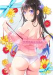  1girl :o akasaka_asa ass bangs bare_shoulders black_hair blue_hair blue_ribbon blush breasts breasts_outside colored_eyelashes cowboy_shot eyebrows_visible_through_hair flower gradient_hair hair_flower hair_ornament highres holding lace lace-trimmed_panties long_sleeves looking_at_viewer looking_back medium_breasts multicolored_hair no_bra off_shoulder open_clothes open_shirt original panties parted_lips pink_shirt purple_eyes purple_flower red_flower ribbon see-through shirt shoulder_blades sideboob solo underwear undressing white_panties yellow_flower 