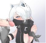  1boy 1girl animal_ears arknights armband black_gloves black_jacket black_mask blue_eyes blush breasts cat_ears detached_sleeves eyelashes fellatio fingerless_gloves fishnets gloves gradient gradient_background grey_background hair_over_one_eye hand_in_hair highres jacket licking_penis mask medium_breasts nail_polish oral penis purple_nails shirayuki_(arknights) short_hair silver_hair simple_background single_sleeve solo_focus sweat tongue tongue_out turtleneck uncensored upper_body wrist_straps xia_wanzi zipper 