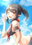  1girl arm_strap bangs bikini black_bikini black_hair blush breasts character_request cloud cloudy_sky copyright_request cup eyebrows_visible_through_hair holding holding_cup looking_at_viewer looking_to_the_side medium_breasts one_eye_closed open_mouth pointy_ears ponytail ram_hachimin sidelocks sky solo star star-shaped_pupils swimsuit symbol-shaped_pupils virtual_youtuber yellow_eyes 