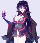  1girl black_gloves black_hair blush breasts cleavage earrings elbow_gloves eyebrows_visible_through_hair gloves hairband hands_on_hips highres jewelry large_breasts long_hair looking_at_viewer merlusa multicolored multicolored_clothes multicolored_gloves navel open_mouth panties personification pokemon purple_eyes red_gloves red_panties salazzle smile solo underwear 