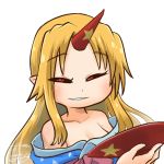  1girl avatar_icon black_sclera blonde_hair breasts chamaji cleavage close-up collarbone commentary cup eyebrows_visible_through_hair holding holding_plate horn hoshiguma_yuugi hoshiguma_yuugi_(promo) japanese_clothes kimono long_hair looking_at_viewer lowres obi off_shoulder oni oni_horns plate pointy_ears red_eyes sakazuki sash sidelocks signature simple_background solo star touhou upper_body white_background 