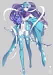  1other androgynous blue_footwear blue_hair boots closed_mouth eyebrows_visible_through_hair flower full_body hair_flower hair_ornament highres holding holding_sword holding_weapon looking_at_viewer merlusa personification pokemon red_eyes sheath sheathed short_hair smile suicune sword thigh_boots thighhighs wavy_hair weapon white_skin 