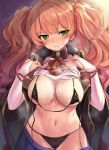  1girl areola_slip areolae ascot ass_visible_through_thighs bandaid_on_cheek between_breasts bikini black_bikini black_coat blue_skirt blurry blush breasts bridal_gauntlets cleavage coat commentary_request cowboy_shot granblue_fantasy green_eyes half-closed_eyes hands_up kztk large_breasts long_hair looking_at_viewer miniskirt monika_weisswind navel open_clothes open_coat orange_hair pleated_skirt shingeki_no_bahamut shirt shirt_lift skindentation skirt solo steam stomach string_bikini suggestive_fluid sweatdrop swimsuit two_side_up untied untied_bikini wavy_mouth white_shirt wide_sleeves 