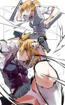  1girl absurdres blonde_hair bolt_action corset girls_frontline grey_neckwear grey_skirt grey_vest gun handgun highres kicking kyoyakyo multiple_views necktie panties pantyshot_(kicking) pistol shirt sketch skirt sleeves_rolled_up striped_vest thighs tonfa two_side_up underwear upskirt vest weapon welrod welrod_mk2 welrod_mk2_(girls_frontline) white_panties white_shirt 