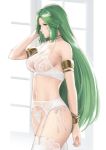  1girl arm_behind_head armlet bangs bare_shoulders bra bracelet breasts choker cleavage closed_mouth english_commentary garter_belt garter_straps goddess green_eyes green_hair j@ck jewelry kid_icarus kid_icarus_uprising lace lace-trimmed_legwear lace_bra large_breasts long_hair navel palutena panties parted_bangs see-through sideboob standing thighhighs thighs underwear very_long_hair white_bra white_panties window 