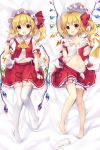  1girl ascot bangs barefoot blonde_hair blush crystal dakimakura eyebrows_visible_through_hair fang flandre_scarlet frilled_shirt_collar frills full_body hat highres index_finger_raised looking_at_viewer lying mob_cap multiple_views navel on_back one_side_up open_mouth panties red_eyes red_skirt red_vest ruhika sample shirt skirt smile thighhighs thighhighs_removed touhou unbuttoned unbuttoned_shirt underwear vest watermark white_headwear white_legwear white_shirt wings wrist_cuffs yellow_neckwear 