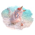  1girl animal_ears beach breasts cleavage erune flower granblue_fantasy hair_flower hair_ornament hair_tubes heles high_heels large_breasts long_hair looking_at_viewer official_art shirt solo swimsuit very_long_hair wet wet_clothes wet_shirt white_hair white_swimsuit yellow_eyes 
