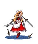  1girl ankle_bow antinomy_of_common_flowers apron arm_ribbon blonde_hair bow brown_eyes closed_mouth dress expressionless frilled_apron frilled_skirt frills headwear holding holding_sword holding_weapon long_hair looking_to_the_side lowres maid maid_headdress official_style pixel_art puffy_sleeves red_dress red_footwear reflection ribbon ripples short_sleeves sidelocks skirt solo sword the_hammer_(pixiv30862105) touhou touhou_(pc-98) transparent_background water wavy_hair weapon wrist_cuffs yumeko 