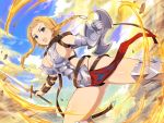  1girl armor armored_boots back belt black_panties blonde_hair blue_eyes blue_sky boots braid breastplate breasts buckle cleavage crossover day gauntlets greaves hairband highres holding holding_sword holding_weapon large_breasts leina official_art outdoors panties queen&#039;s_blade senran_kagura senran_kagura_new_link shield shiny short_hair sky solo sword thighs twin_braids underwear weapon yaegashi_nan 