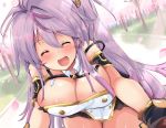  1girl azur_lane bangs bare_shoulders blush breasts cherry_blossoms cleavage closed_eyes commentary_request double-breasted dress eyebrows_visible_through_hair facing_viewer gloves grenville_(azur_lane) hair_between_eyes hair_ornament large_breasts light_beam long_hair multicolored_hair one_side_up open_mouth outdoors purple_hair sidelocks sleeveless sleeveless_dress solo strapless strapless_dress swept_bangs tonchinkan tree two-tone_hair very_long_hair 