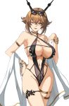  1girl armlet bangs black_swimsuit bracelet breasts brown_hair choker commentary crossed_bangs eyebrows_visible_through_hair eyewear_on_head hair_between_eyes hand_on_hip headgear huge_breasts jewelry kantai_collection mutsu_(kantai_collection) nail_polish navel one-piece_swimsuit one_eye_closed open_mouth short_hair simple_background single_earring solo sunglasses swimsuit thigh_strap white_background yashiro_(silver_will) yellow_eyes 