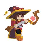  1girl 3d animated bandaged_leg bandages bare_shoulders brown_hair cape dancing dress hat holding holding_staff kono_subarashii_sekai_ni_shukufuku_wo! looking_at_viewer looping_animation lowres megumin minecraft mlkewatnot pixel_art red_dress red_eyes short_hair_with_long_locks simple_background single_thighhigh smile solo staff swaying thighhighs white_background witch_hat 
