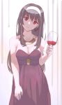  1girl bare_shoulders black_hair breasts cleavage collarbone cup den_(kur0_yuki) dress drinking_glass earrings head_tilt holding holding_cup jewelry kasumigaoka_utaha large_breasts long_hair looking_at_viewer necklace purple_dress red_eyes red_wine saenai_heroine_no_sodatekata solo strapless strapless_dress wine_glass 