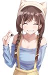  1girl :d =d animal_hat arm_behind_back arm_up bangs beanie beige_headwear beige_pants blue_shirt blush braid brown_hair cat_hat chocolate closed_eyes collarbone eyebrows_visible_through_hair food hat highres holding_candy idolmaster idolmaster_shiny_colors long_hair long_sleeves off-shoulder_shirt off_shoulder open_mouth shirt simple_background smile solo sonoda_chiyoko suspenders tranquility_of_nature twin_braids upper_body white_background 