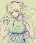  1girl aoba_(smartbeat) astraea_(fate/grand_order) big_hair breasts cleavage clenched_hands drill_hair fate/grand_order fate_(series) fighting_stance flower hair_flower hair_ornament hairband highres large_breasts long_hair monochrome muscle quad_drills red_eyes solo spot_color very_long_hair 