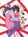  1girl absurdres akatsuki_kirika black_hair character_doll dress elfnein happy_birthday highres kazanari_tsubasa kohinata_miku lying maria_cadenzavna_eve mokutan_mmmm no_shoes on_bed on_side pink_eyes purple_legwear ribbon senki_zesshou_symphogear smile tachibana_hibiki_(symphogear) thighhighs tsukuyomi_shirabe twintails yukine_chris 