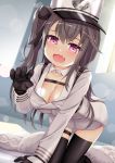  1girl :d all_fours azur_lane bangs black_bow black_gloves black_legwear bow breasts brown_hair claw_pose cleavage coat coat_removed collar collarbone commentary_request detached_collar dutch_angle eyebrows_visible_through_hair fang fur-trimmed_coat fur_hat fur_trim gloves hair_between_eyes hair_bow hand_up hat highres jacket large_breasts long_hair long_sleeves looking_at_viewer niiya one_side_up open_mouth pamiat_merkuria_(azur_lane) peaked_cap red_eyes skin_fang smile solo thighhighs very_long_hair white_coat white_collar white_headwear white_jacket wing_collar 