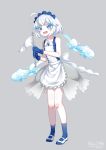  1girl ahoge apron blue_eyes blue_gloves blue_legwear eyebrows_visible_through_hair fish flag full_body gloves grey_background highres holding holding_flag looking_at_viewer merlusa open_mouth personification pokemon short_hair simple_background socks solo wavy_mouth white_apron white_flag white_footwear white_hair wishiwashi wishiwashi_(solo) 