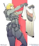  1girl abbey_road antenna_mast backpack bag bangs black_gloves blonde_hair bodysuit brand_name_imitation breastplate breasts character_name commentary commission german_text gloves holding_shirt military_operator nazi rejean_dubois shirt short_hair small_breasts solo swastika t-shirt the_beatles wolfenstein:_youngblood 