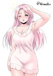  1girl alternate_costume breasts cleavage commentary_request cowboy_shot highres kantai_collection long_hair looking_at_viewer luigi_di_savoia_duca_degli_abruzzi_(kantai_collection) messy_hair multicolored_hair nightgown one_eye_closed open_mouth pink_eyes pink_hair red_hair simple_background solo streaked_hair takomeshi white_background 