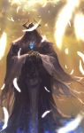  blue_fire cloak fate/grand_order fate_(series) feathers fire glowing glowing_eyes hands_on_hilt hidden_face king_hassan_(fate/grand_order) planted_weapon sword weapon yellow_sky zonotaida 