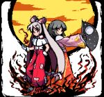  2girls adapted_costume baggy_pants bandaid bandaid_on_nose bangs black_hair blunt_bangs border bow capelet closed_mouth collared_shirt commentary_request eyebrows_visible_through_hair fan fire folding_fan fujiwara_no_mokou full_body glove_cuffs gloves hair_bow hand_in_pocket hand_up hime_cut holding holding_fan houraisan_kaguya japanese_clothes long_hair long_skirt long_sleeves looking_at_viewer lowres moon multiple_girls ofuda ofuda_on_clothes outstretched_arm pants pink_shirt pixel_art red_eyes red_pants red_skirt sash shirt silver_hair skirt sleeves_past_wrists smile standing star star_print suspenders the_hammer_(pixiv30862105) touhou transparent_background very_long_hair white_bow white_capelet white_gloves white_shirt wide_sleeves 