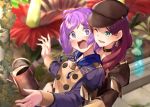  2girls bernadetta_von_varley black_headwear blush brown_hair choker dorothea_arnault earrings fire_emblem fire_emblem:_three_houses garreg_mach_monastery_uniform green_eyes grey_eyes hat jewelry long_hair long_sleeves multiple_girls one_eye_closed open_mouth panda_inu purple_hair scared short_hair surprised tearing_up uniform watering_can wavy_mouth 