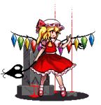  1girl :d antinomy_of_common_flowers ascot blonde_hair blood bobby_socks bow commentary crystal fang flandre_scarlet frilled_skirt frills full_body hand_up hat hat_ribbon holding holding_weapon laevatein looking_to_the_side lowres mary_janes medium_hair mob_cap official_style one_side_up open_mouth pixel_art puffy_short_sleeves puffy_sleeves red_bow red_eyes red_footwear red_ribbon red_skirt red_vest ribbon shirt shoes short_sleeves side_ponytail skirt smile socks solo the_hammer_(pixiv30862105) touhou transparent_background vest weapon white_shirt wings yellow_neckwear 