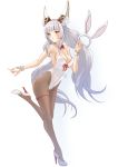  1girl alternate_costume animal_ear_fluff animal_ears blush breasts bunnysuit cleavage collarbone commentary_request deekei detached_collar eyebrows full_body high_heels highres leotard long_hair low_twintails medium_breasts niyah niyah_(blade) pantyhose silver_hair solo spoilers twintails very_long_hair white_background wrist_cuffs xenoblade_(series) xenoblade_2 yellow_eyes 