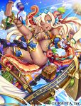  1girl anklet barefoot barrel blonde_hair blue_eyes blue_nails blush breasts cleavage company_name copyright_request dark_skin eyebrows_visible_through_hair flower gyaru iroyopon jewelry large_breasts long_hair looking_at_viewer one_eye_closed open_mouth smile solo underboob upper_teeth very_long_hair 