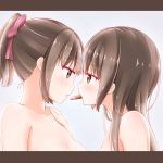  2girls bangs blush breasts brown_eyes brown_hair cleavage collarbone commentary_request eye_contact eyebrows_visible_through_hair grey_background hair_ribbon highres kamakama_(kdmorh_kamakama) large_breasts letterboxed lips lipstick_tube long_hair looking_at_another mouth_hold multiple_girls nude original parted_lips ponytail red_ribbon ribbon simple_background yuri 