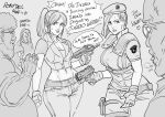  2girls 4boys bb_(baalbuddy) beard belt beret breasts claire_redfield cleavage cropped_shirt crossover english_text facial_hair fingerless_gloves gloves grey_background greyscale gun handgun hat heart highres holding holding_gun holding_weapon imminent_rape jill_valentine medium_breasts midriff monochrome multiple_boys multiple_girls navel otaku pants parted_lips pistol ponytail resident_evil resident_evil_2 resident_evil_3 romaji_text short_sleeves simple_background submachine_gun sweatdrop weapon you_gonna_get_raped 