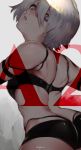  1girl absurdres ass back character_name densen_(itoguchi) head_tilt highres lips looking_back mole mole_under_mouth nier_(series) nier_automata purple_eyes short_hair short_shorts shorts simple_background twitter_username yorha_type_a_no._2 