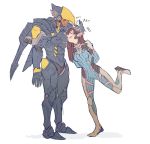  2girls bodysuit brown_hair closed_eyes commentary d.va_(overwatch) dark_skin english_commentary eye_of_horus facial_tattoo full_body grin hand_on_another&#039;s_head happy headphones height_difference helmet jetpack leg_lift long_hair multiple_girls overwatch papabay petting pharah_(overwatch) pilot_suit power_armor ribbed_bodysuit shoulder_pads smile standing standing_on_one_leg tattoo whisker_markings wireless 
