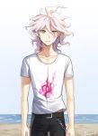  1boy artist_name beach brown_pants chain collarbone commentary_request danganronpa eyebrows_visible_through_hair grey_eyes highres hood komaeda_nagito long_hair looking_at_viewer male_focus messy_hair ocean outdoors pants pink_blood shirt short_sleeves smile solo songmil super_danganronpa_2 white_hair white_shirt 