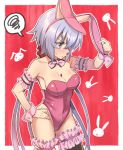  1girl animal_ears arm_strap between_breasts blush bow bowtie breasts bunny_ears bunnysuit hand_on_hip large_breasts lavender_eyes lavender_hair senki_zesshou_symphogear thighhighs ueyasu wrist_cuffs yukine_chris 