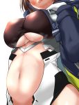  1girl 3: azur_lane baltimore_(azur_lane) blue_coat blush breasts center_opening close-up closed_mouth coat commentary_request covered_nipples dress gloves hair_between_eyes hand_on_own_chest hand_up head_out_of_frame highres hood hood_down hooded_coat large_breasts long_sleeves midriff midriff_cutout multicolored_coat navel nose_blush number open_clothes open_coat oriue_wato pregnant shiny shiny_clothes short_hair side_slit sidelocks simple_background sleeveless sleeveless_dress solo steam sweatdrop underboob underboob_cutout upper_body white_background white_dress white_gloves 