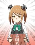  1girl :t commentary_request dress emphasis_lines gradient gradient_background green_ribbon kantai_collection light_brown_eyes light_brown_hair michishio_(kantai_collection) neck_ribbon pinafore_dress ribbon short_twintails sign solo translation_request twintails yohei_(pizzadev) 