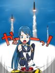  1girl bare_shoulders blue_eyes blue_hair clenched_hand commentary_request d: elbow_gloves gloves kantai_collection launching long_hair missile open_mouth pushbutton red_button rocket samidare_(kantai_collection) school_uniform serafuku sky solo translation_request yohei_(pizzadev) 