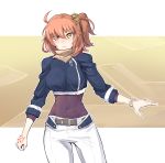  1girl ahoge bangs belt blue_shirt blush bodysuit_under_clothes breasts brown_background brown_belt clenched_hand command_spell commentary_request covered_navel cowboy_shot depo_(typebaby505) eyebrows_visible_through_hair fate/grand_order fate_(series) fujimaru_ritsuka_(female) hair_between_eyes hair_ornament hair_scrunchie highres large_breasts looking_at_viewer midriff one_side_up open_hand orange_eyes orange_hair orange_scarf orange_scrunchie scarf scrunchie shirt short_sleeves shorts sidelocks smile solo standing true_ether_chaldea_uniform two-tone_background white_background white_shorts wristband 